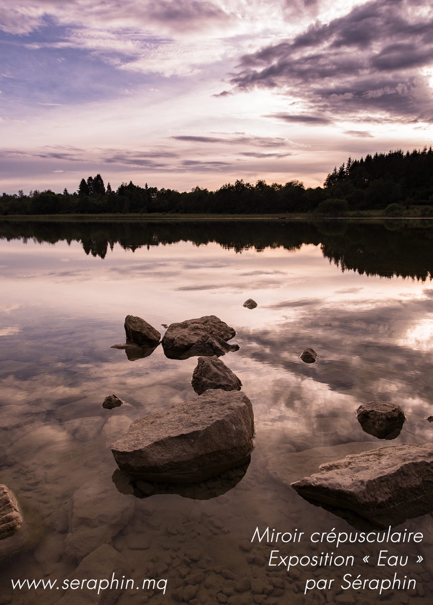 Miroir bordé par la lisière résineuse,
Les roches grises telles d'augustes mineuses,
Sortent en surface jouir de ta beauté.
Quelle surprise de les voir ainsi flotter !